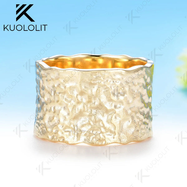 Kuololit 15mm Width Hammered Custom Ring for Men Women Solid10K Yellow Gold Handmade Ring for Anniversary Christmas Gifts Party