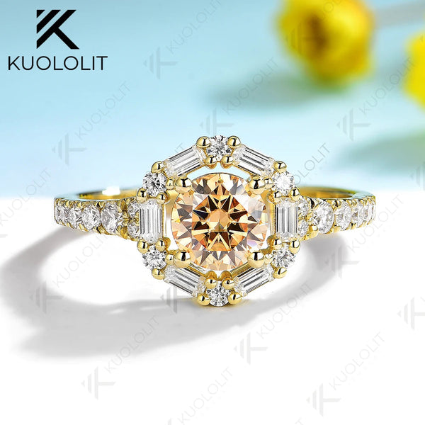 Kuololit 1CT Champagne Moissanite Ring for Women Solid 14K 10K 585 Yellow Gold European Shank Ring for Engagement Christmas Gift