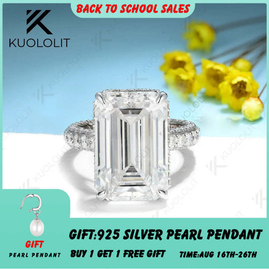 Kuololit 16 Karat Moissanit-Ringe für Damen und Herren, PT950 Massivgold (14K/10K Weißgold), Smaragdschliff, für Hochzeit, Verlobung, Weihnachten 