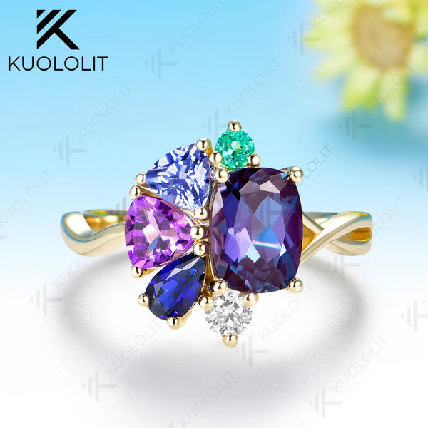 Kuololit Lab Grown Alexandrite Cushion Custom Ring for Women Solid 14K 10K 585 Yellow Gold Engagement Ring for Christmas Gift