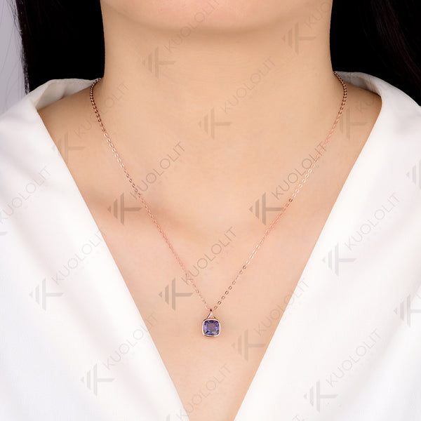 Kuololit 2CT Cyan Moissanite Lab Grown Alexandrite Cushion Cut Necklace for Women Solid 925 10k 14k Yellow Gold Necklace for Engagement Christmas Gift