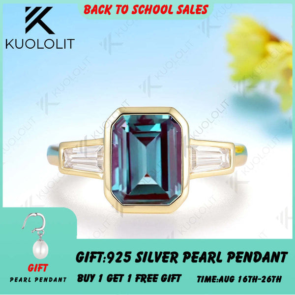 Kuololit 3CT Lab Grown Alexandrite Moissanite Ring for Women Solid 14K 10K 585 Yeollw Gold Emerald Cut Ring for Christmas Gifts