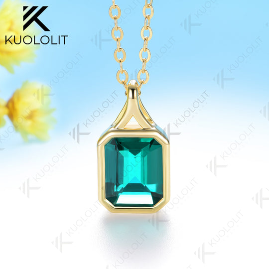 Kuololit 3CT Cyan Moissanite Lab Grown Emerald Necklace for Women Solid 14K 10K 585 Yellow Gold Emerald Cut Pendant for Christmas Gift Anniversary