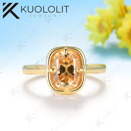 Kuololit 3CT OMC Cushion Cyan Champagne Moissanite Engagement Ring for Women Soild 10K 14K Yellow Gold  Ring for Christmas Gifts Party Anniversary