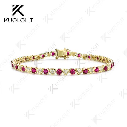 Bracelet tennis Kuololit en or jaune massif 18K, 14K, 10K et 585, serti de diamants et de rubis de laboratoire, pour femmes et hommes. Idéal pour Noël. 