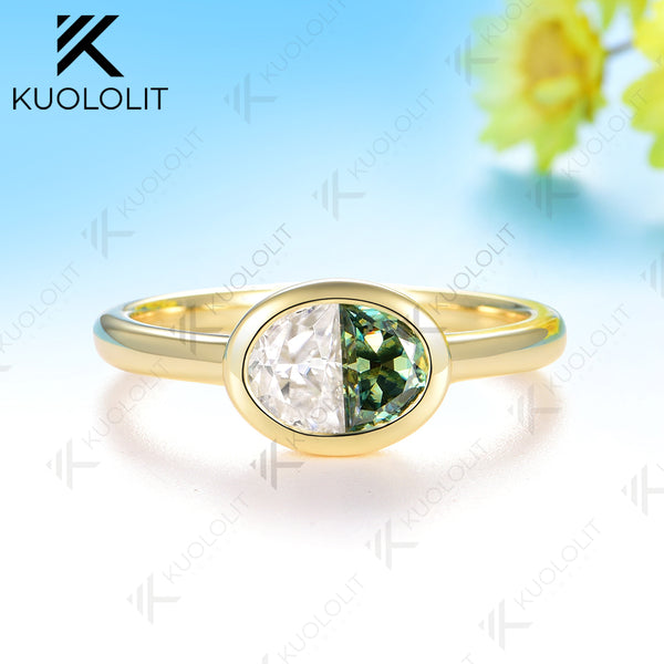 Kuololit 0.9CTW Two Half Champagne Cyan  Moissanite Ring for Women Solid14K10K 585 Yellow Gold Engagement Ring for Christmas Claasic