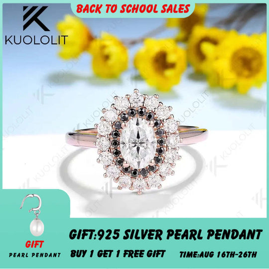 Kuololit 1ct Oval Cut White Moissanite and Balck Moissanite Ring for Women Solid 14K 10K 585 Rose Gold for Engagement Christmas