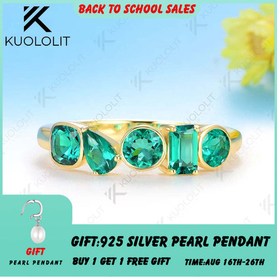 Kuololit 1.7CTW Lab Grown Emerald Ring for Women Solid 14K 10K 585 Yellow Gold for Eternity Half Band Christmas Gifts Jewelry