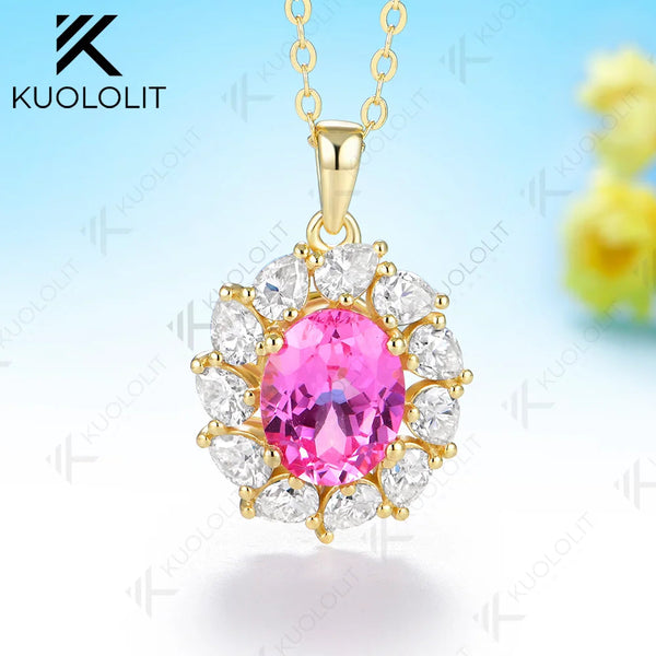 Kuololit 3.5CT Lab Pink Sapphire Pear Moissanite Necklace for Women Solid 585 14K 10K Yellow Gold Custom Necklace for Christmas