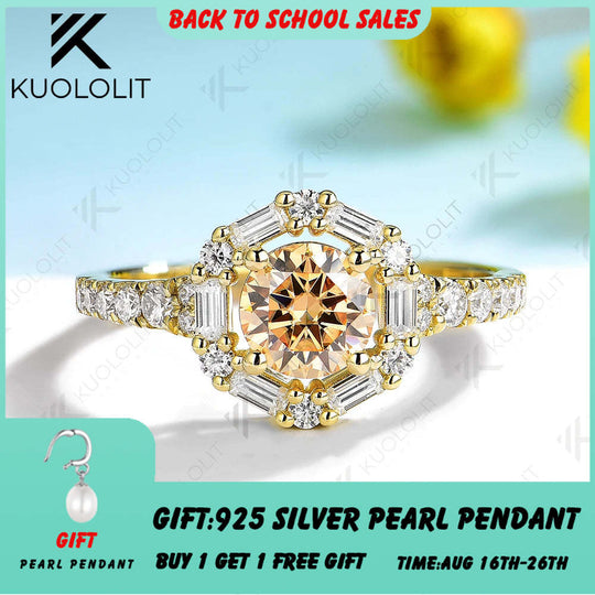 Kuololit 1CT Champagne Moissanite Ring for Women Solid 14K 10K 585 Yellow Gold European Shank Ring for Engagement Christmas Gift