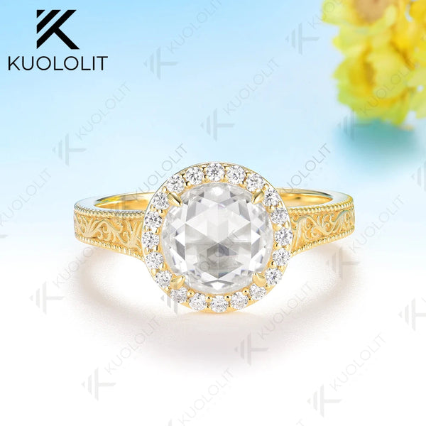 Kuololit 2CT Rose Cut Round Moissanite Engagement Ring for Women Solid 14K10K 585 Yellow Gold Ring for Christmas Gift Party