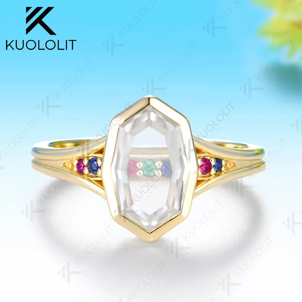 Kuololit 2CT Unique Portrait Cut Rhombus Moissanite Colorfull Custom Ring for Women Solid 14K 10K Yellow Gold for Christmas Gift