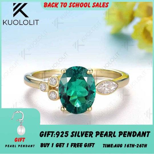 Kuololit 3ct Lab Grown Emerald with Moissanite Ring for Women Solid 18K 14K 10K 585 Yellow Gold Ring for Anniversary Christmas