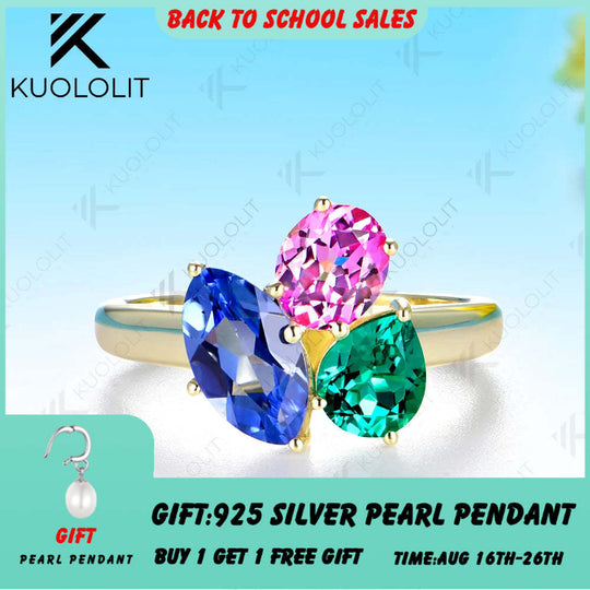 Kuololit Lab Grown Blue Sapphire Emerald Gemstones Custom Ring for Women Solid 14K 10K 585 Yellow Gold for Christmas Gifts Party