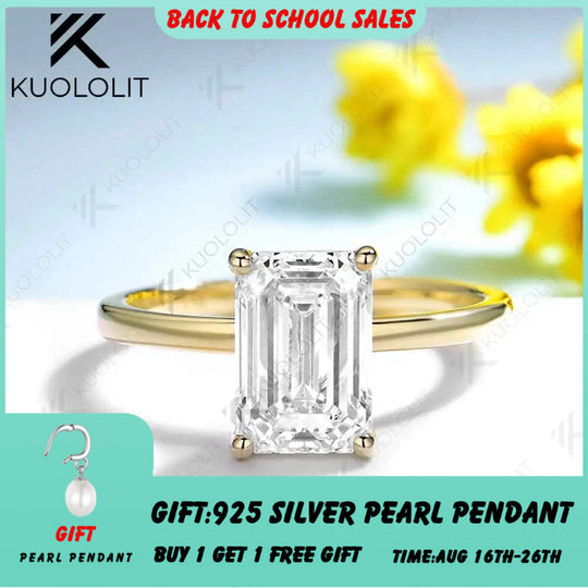 Kuololit 3.5CT Moissanite Emerald Cut Ring for Women Solid 18K 14K 10K Yellow Gold Engagement Ring for Christmas Gifts Party