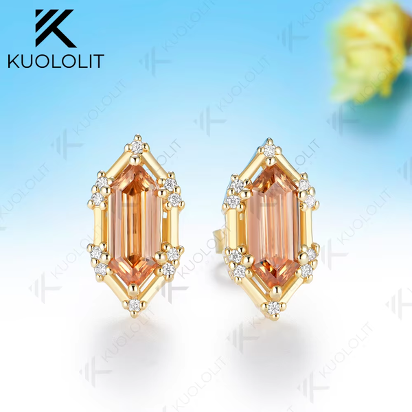 Kuololit 3CT Elongate Hexagon White Champagne Moissanite Custom Stud Earrings for Women Solid 14K 10K 585 Yellow Gold for Christmas Gifts Party