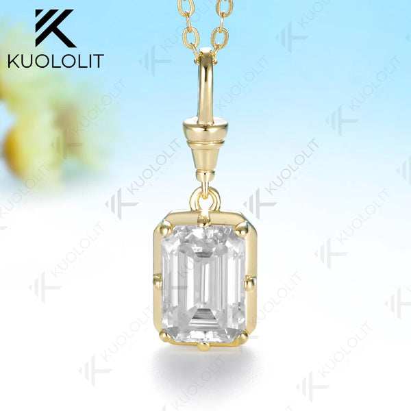 Kuololit 3.5ct Emerald Cut Moissanite Custom Necklace for Women Solid 585 14K 10K Yellow Gold Necklace for Christmas Gifts Party