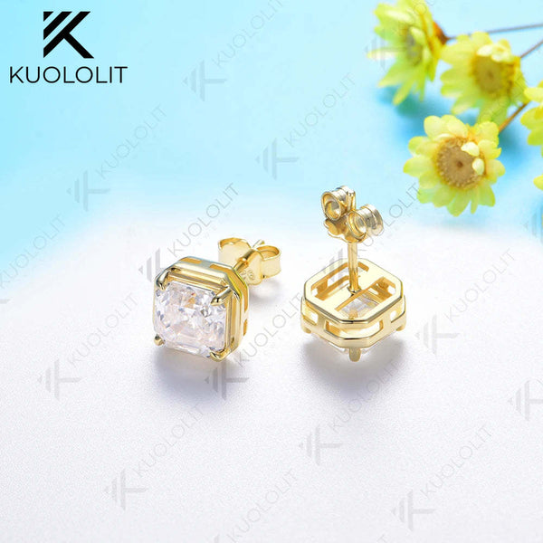 Kuololit 3CTW Asscher Cut Moissanite Earrings for Women Solid 18K 14K 10K Gold Stub Earrings for Anniversary Engagement Gifts