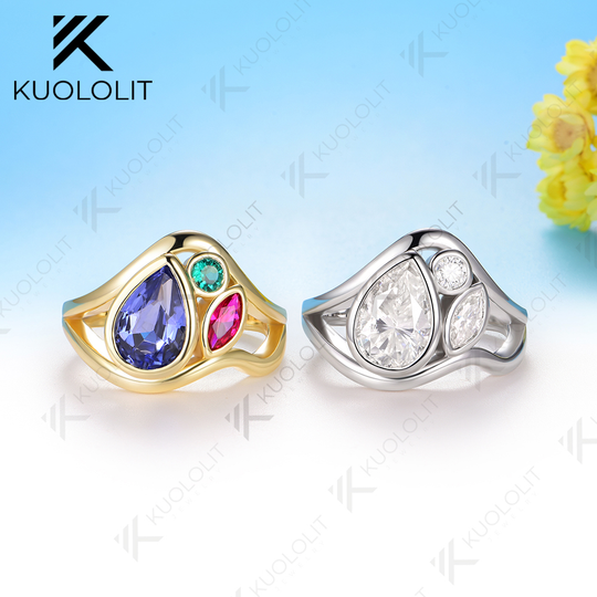 Kuololit 2.4CTW Lab Grown Blue Sapphire Ruby Emerald Moissanite Ring for Women Solid 14K 10K 585 Yellow Gold for Christmas Gifts