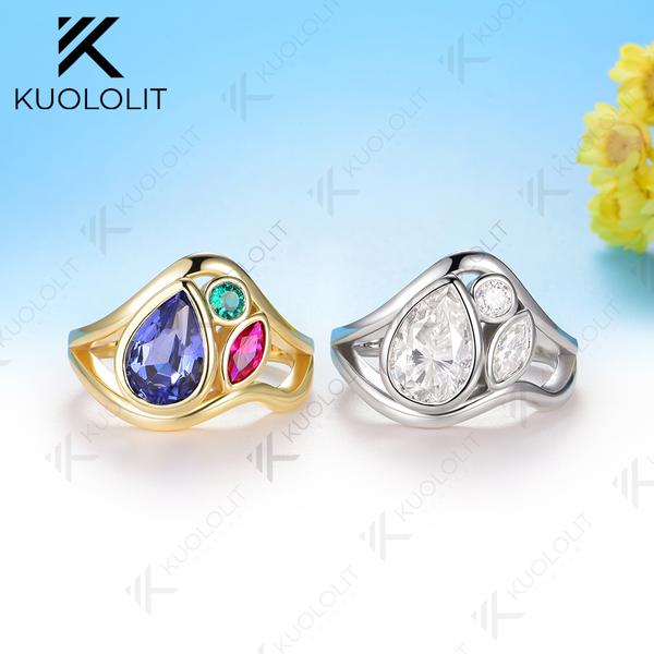 Kuololit 2.4CTW Lab Grown Blue Sapphire Ruby Emerald Moissanite Ring for Women Solid 14K 10K 585 Yellow Gold for Christmas Gifts