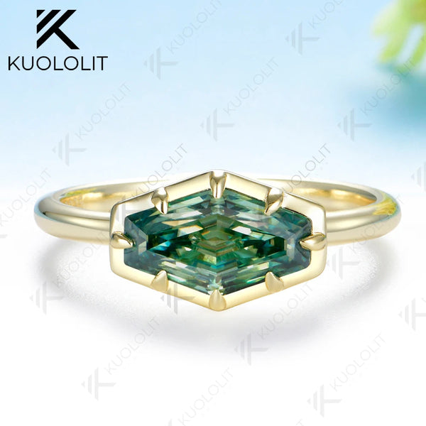 Kuololit 2CT Hexagon Cyan Moissanite Ring for Women Solid 14K 10K 585 Yellow Gold for Engagement Ring for Christmas Gifts Party