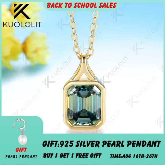 Kuololit 3CT Cyan Moissanite Lab Grown Emerald Necklace for Women Solid 14K 10K 585 Yellow Gold Emerald Cut Pendant for Christmas Gift Anniversary