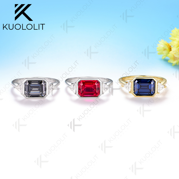 Kuololit 3CT Gray Blue Moissanite Ring for Women Solid14K10K 585 White Gold Emerald Cut Engagement Ring for Christmas Gift Party