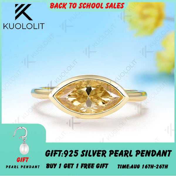 Kuololit 2CT Champagne Marquise Moissanite Custom Set Ring for Women Solid 14K 10K 585 Yellow Gold for Christmas Gifts Party