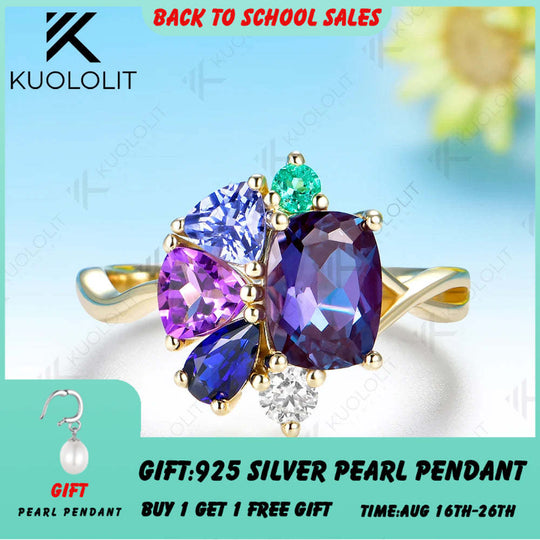 Kuololit Lab Grown Alexandrite Cushion Custom Ring for Women Solid 14K 10K 585 Yellow Gold Engagement Ring for Christmas Gift