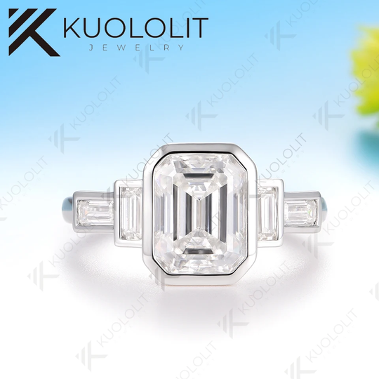 Kuololit 3CT Emerald Cut Cyan Moissanite Ring for Women Solid 14K 10K 585 Yelllow Gold Engagement Ring for Christmas Gifts Party