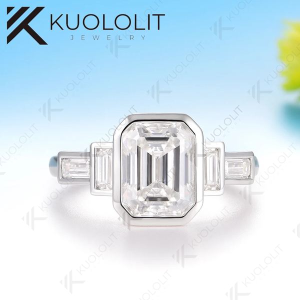 Kuololit 3CT Emerald Cut Cyan Moissanite Ring for Women Solid 14K 10K 585 Yelllow Gold Engagement Ring for Christmas Gifts Party