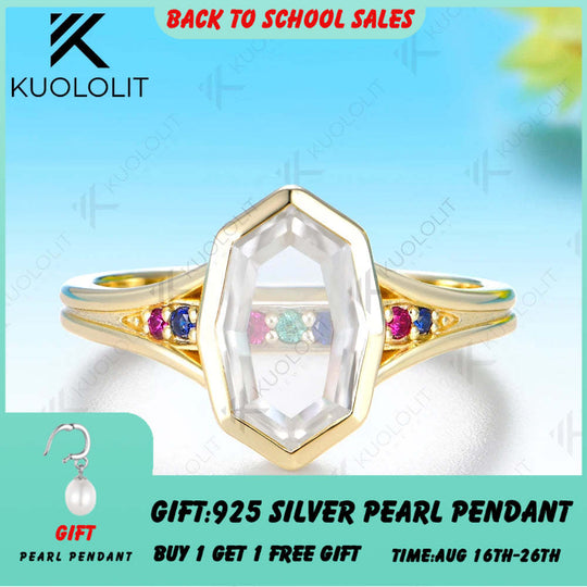 Kuololit 2CT Unique Portrait Cut Rhombus Moissanite Colorfull Custom Ring for Women Solid 14K 10K Yellow Gold for Christmas Gift