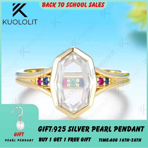 Kuololit 2CT Unique Portrait Cut Rhombus Moissanite Colorfull Custom Ring for Women Solid 14K 10K Yellow Gold for Christmas Gift