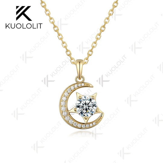 Kuololit IGI 1.2CT Moon Star Lab Grown Diamond Necklace for Women Solid 10K 14K Gold Diamond Pendant for Engagement Christmas