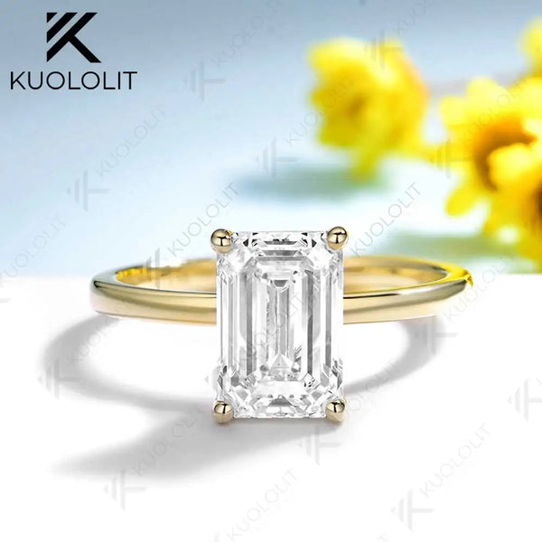 Kuololit 3.5CT Moissanite Emerald Cut Ring for Women Solid 18K 14K 10K Yellow Gold Engagement Ring for Christmas Gifts Party