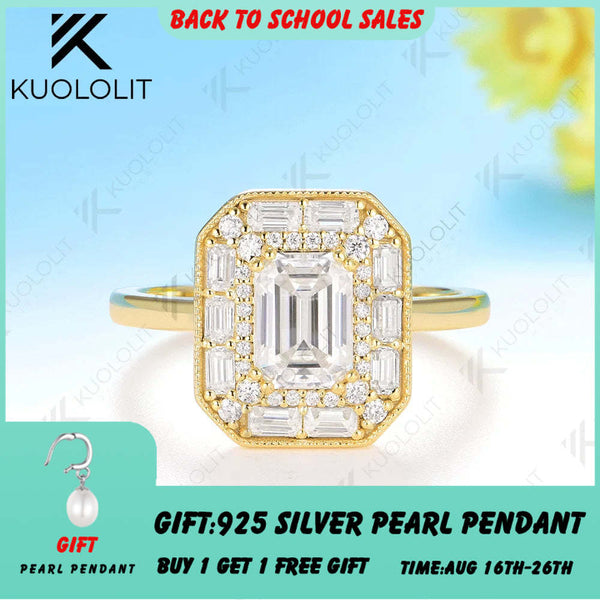 Kuololit 1CT Emerald Cut Moissanite Ring for Women Solid 14K 10K 585 Yellow Gold Engagement Ring for Christmas Gift Anniversary