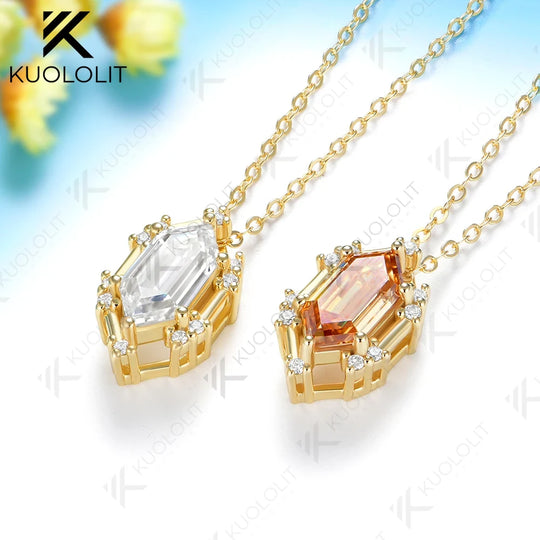 Kuololit 2.5CT Elonged Hexagon White Champagne Moissantie Necklace for Women Solid 585 14K 10K Yellow Gold Custom Necklace for Christmas Gifts