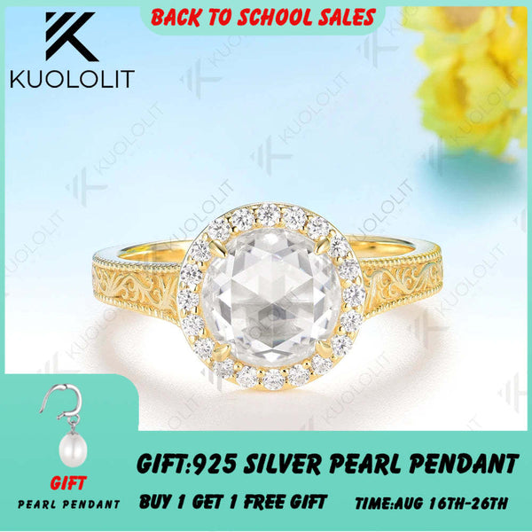 Kuololit 2CT Rose Cut Round Moissanite Engagement Ring for Women Solid 14K10K 585 Yellow Gold Ring for Christmas Gift Party
