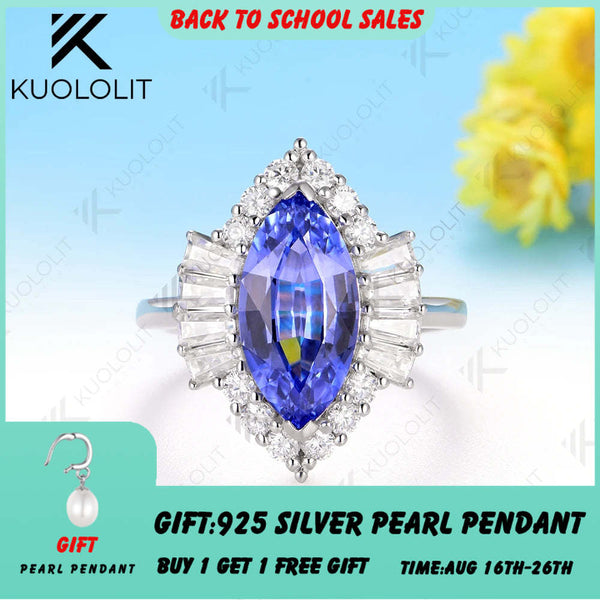Kuololit 3.5CT Marquise Lab Grown Blue Sapphire Custom Ring for Women Solid 14K 10K 585 White Gold for Christmas Gifts Party
