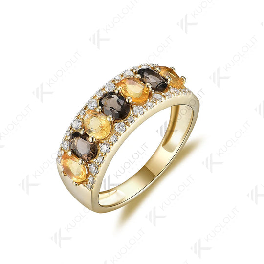 Kuololit Ring mit 1,75 Karat natürlichem Citrin, Rauchquarz und Moissanit für Damen, massives 14K/10K/585 Gold, ideal für Hochzeit und Weihnachten 