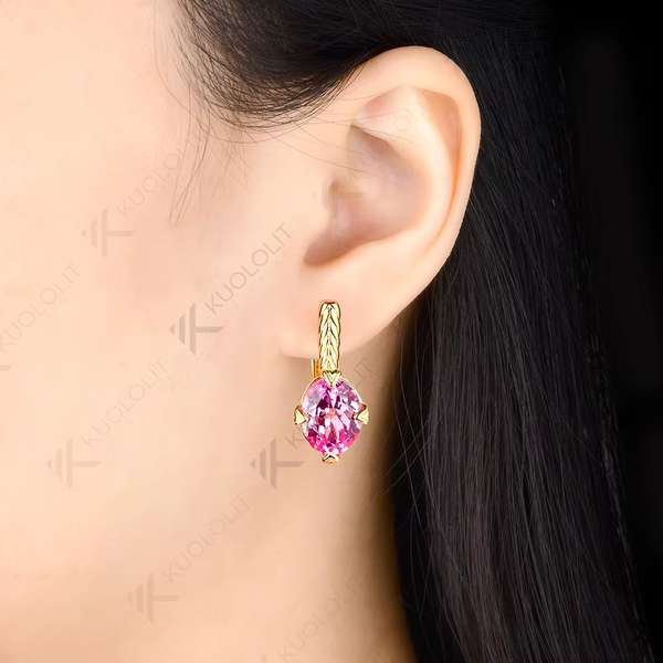 Kuololit 4CTW Oval Moissanite Lab Pink Sapphire Stud Earrings for Women Solid 14K 10K 585 Yellow Gold Oval Cut for Christmas Gifts Party
