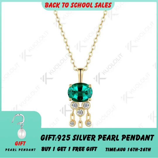Kuololit 3CT Lab Grown Emerald with Moissanite Necklace for Women Solid 18K 14K 10K 585 Yellow Gold Oval Pendant for Christmas