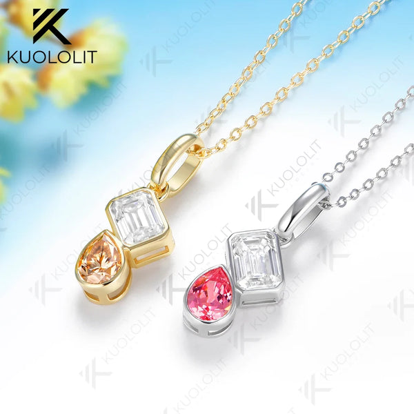Kuololit 1.8CTW Champagne Moissanite or Lab Pink Sapphire Necklace for Women Solid 14K 10K 585 Yellow Gold Necklace for Christmas Gifts Party