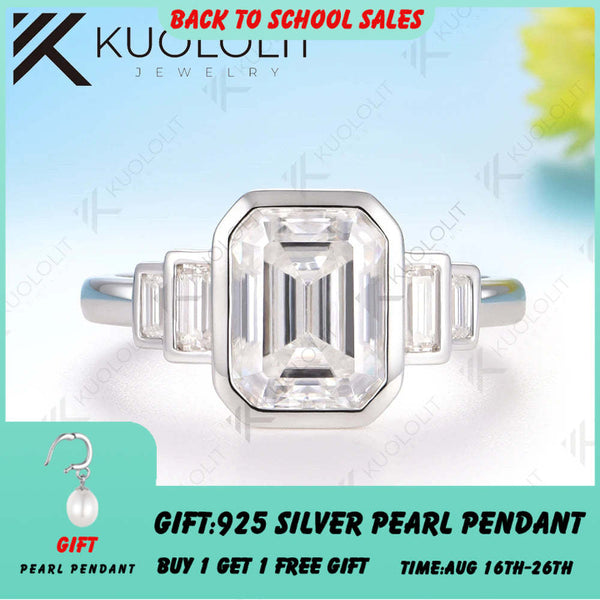 Kuololit 3CT Emerald Cut Moissanite Ring for Women Solid 14K 10K White Gold Engagement Ring for Christmas Gifts Party Engagement