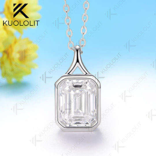Kuololit 3CT Cyan Moissanite Lab Grown Emerald Necklace for Women Solid 14K 10K 585 Yellow Gold Emerald Cut Pendant for Christmas Gift Anniversary