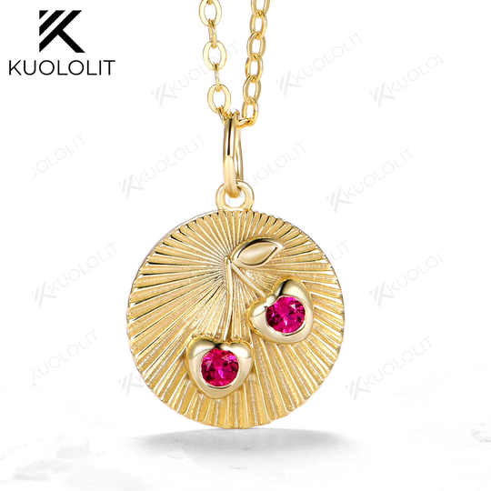 Kuololit Lab Grown Ruby Apple Necklace for Women Solid 14K 10K 585 Yellow Gold