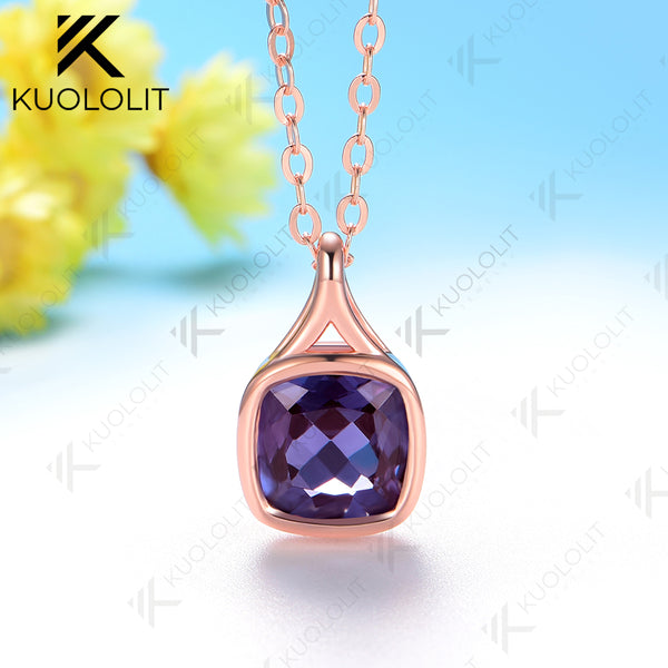 Kuololit 2CT Cyan Moissanite Lab Grown Alexandrite Cushion Cut Necklace for Women Solid 925 10k 14k Yellow Gold Necklace for Engagement Christmas Gift