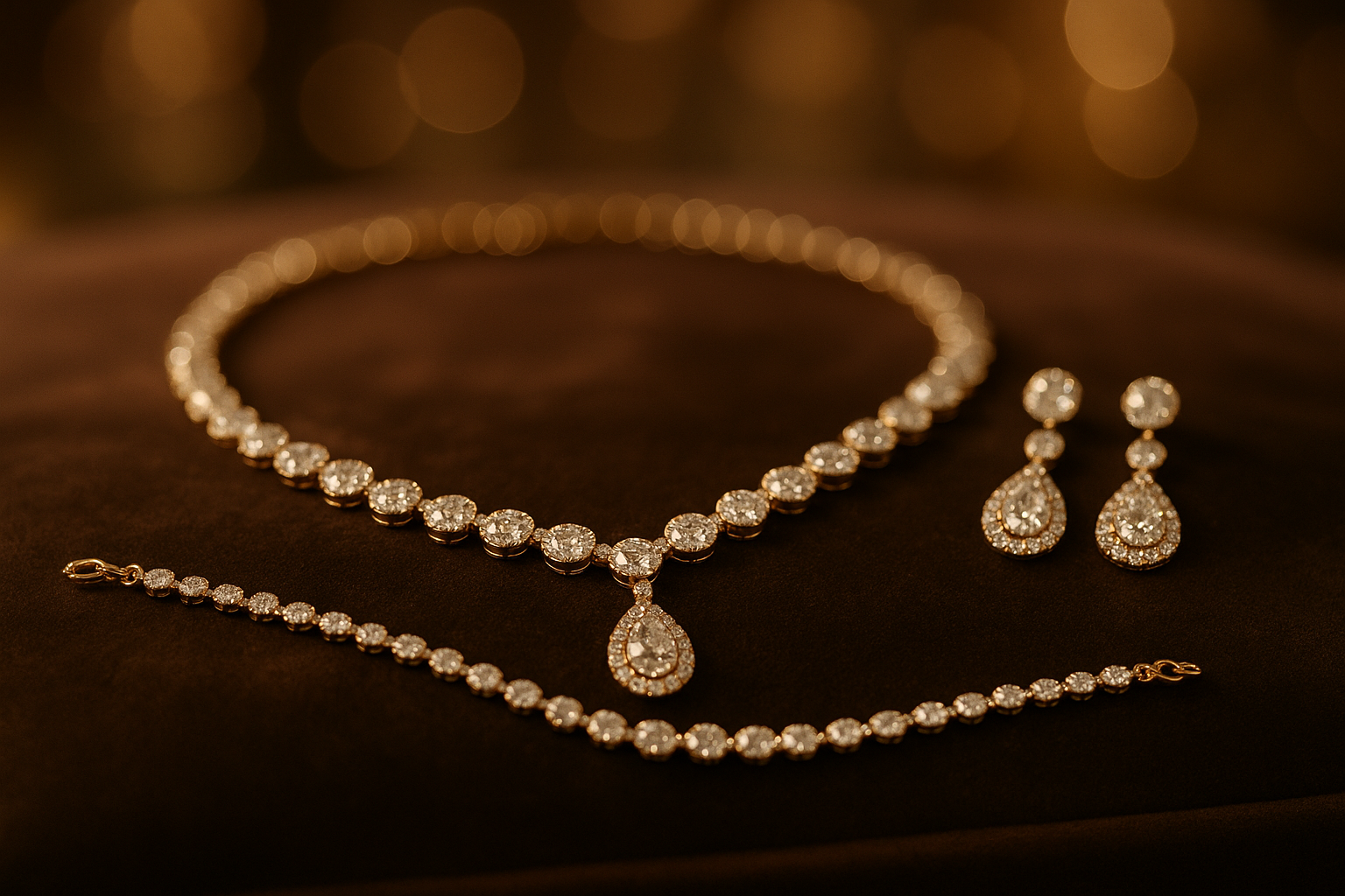 生成一张以虚化的珠宝套装为背景的图片