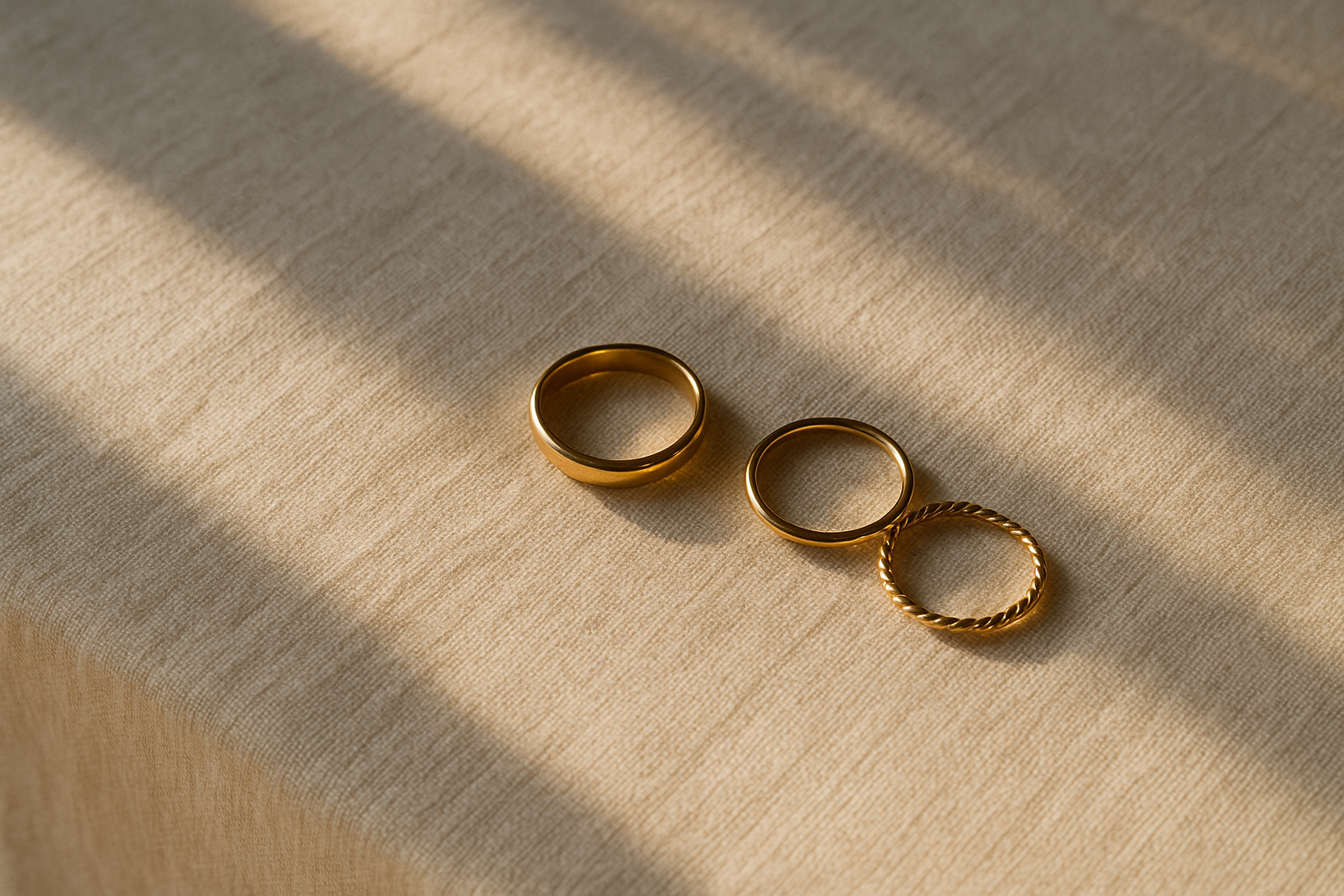 不要花束，戒指放在棉麻的桌布上，有阳光从侧面洒下来