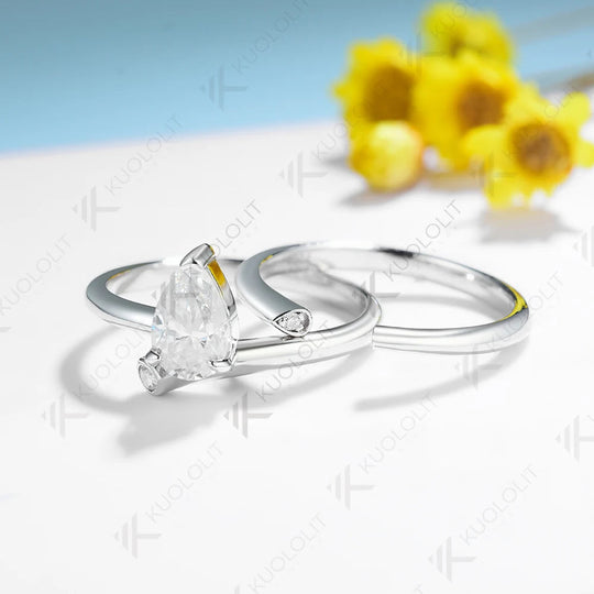 Kuololit 1CT Moissanite Ring for Women Solid 18K 14K 10K 585 White Gold Pear Set Ring for Engagement Christmas Anniversary Gift